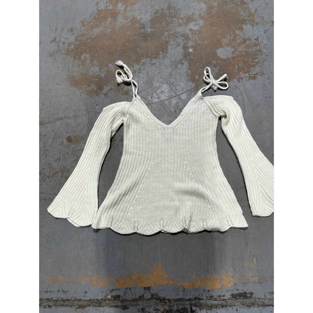 American Rag Cold Shoulder Ribbed Knit Bell Sleeve Tie Strap Sweater Top Cream S